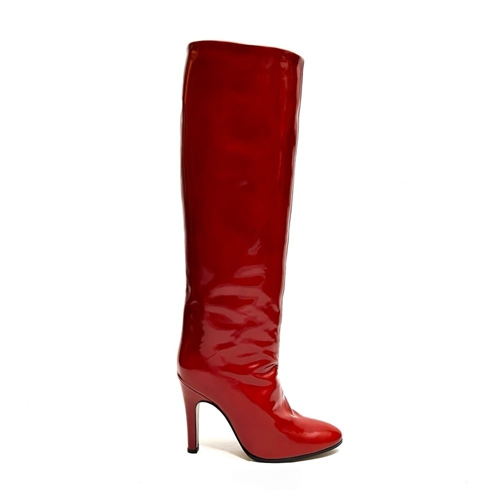 Vintage 1970s cinnamon brown patent leather pull on knee high stiletto boots